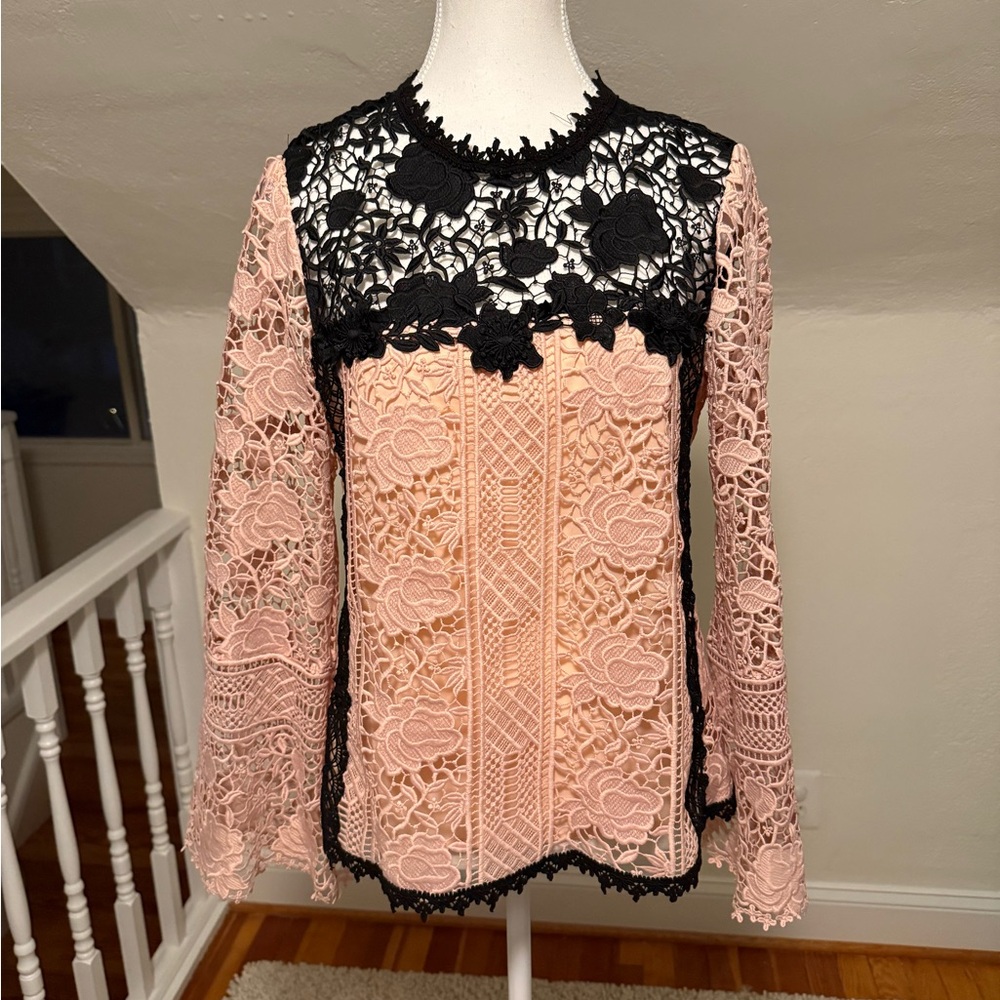 Nanette Lepore Blush Pink Lace Long-Sleeve Top with Black Lace Yoke